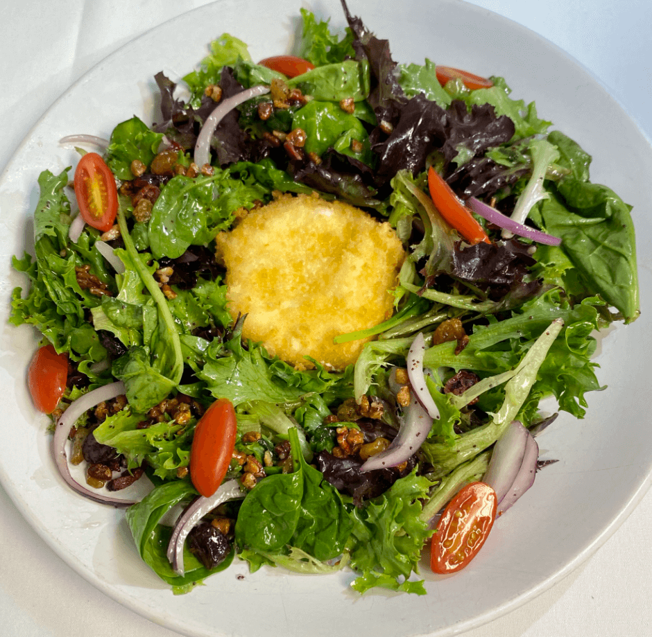 Local mixed greens with fried goat cheese-onlypawleys